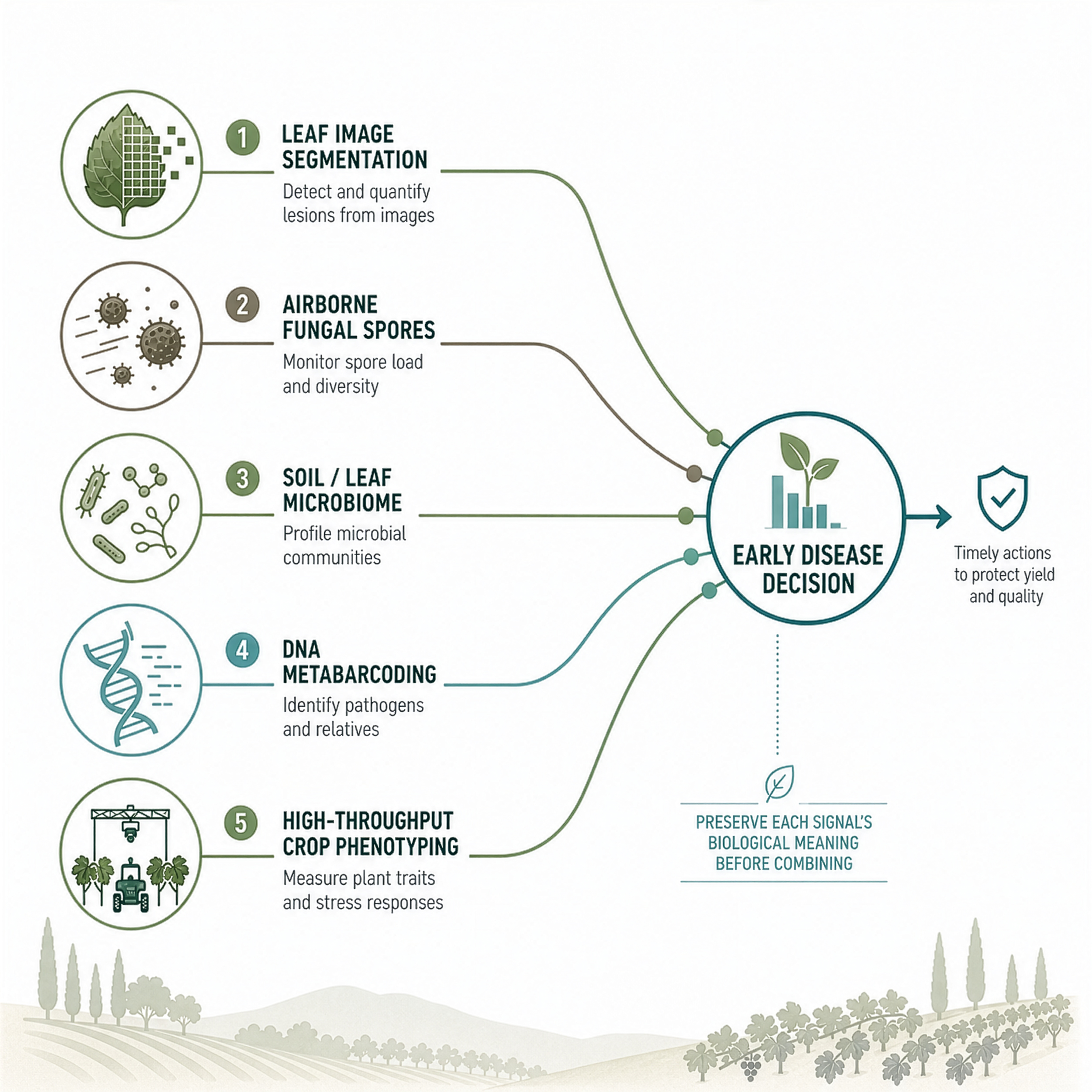 Five plant disease measurement signals (leaf image segmentation, airborne fungal spores, soil and leaf microbiome, DNA metabarcoding, and high-throughput crop phenotyping) converging into an early disease decision, while preserving each signal's biological meaning before combining