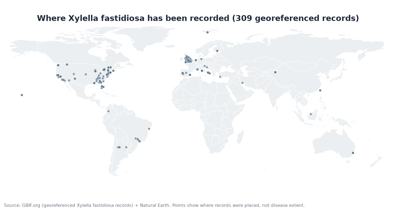 World map of 309 georeferenced records, clustered in the US, western Europe, and South America